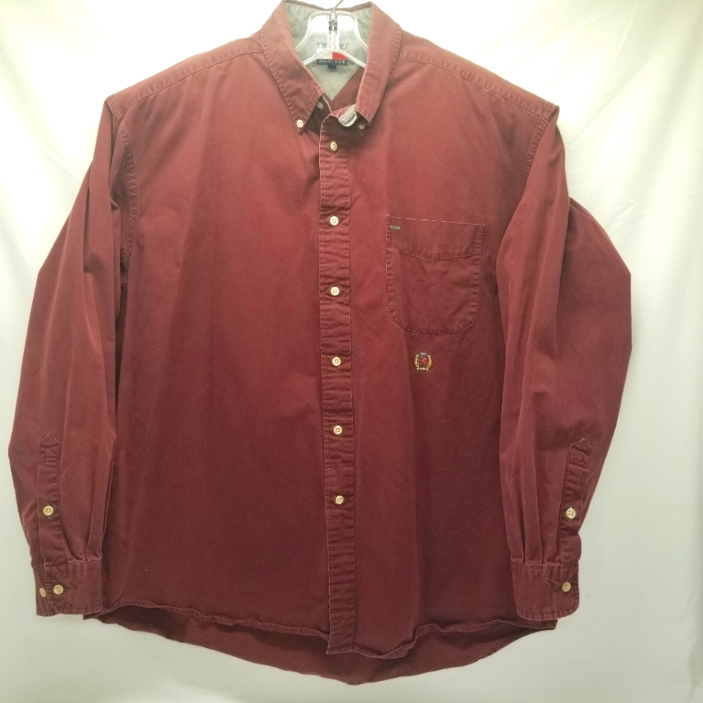 Tommy Hilfiger Men Shirt Size XL Maroon Long Sleeve Button Up Button Down